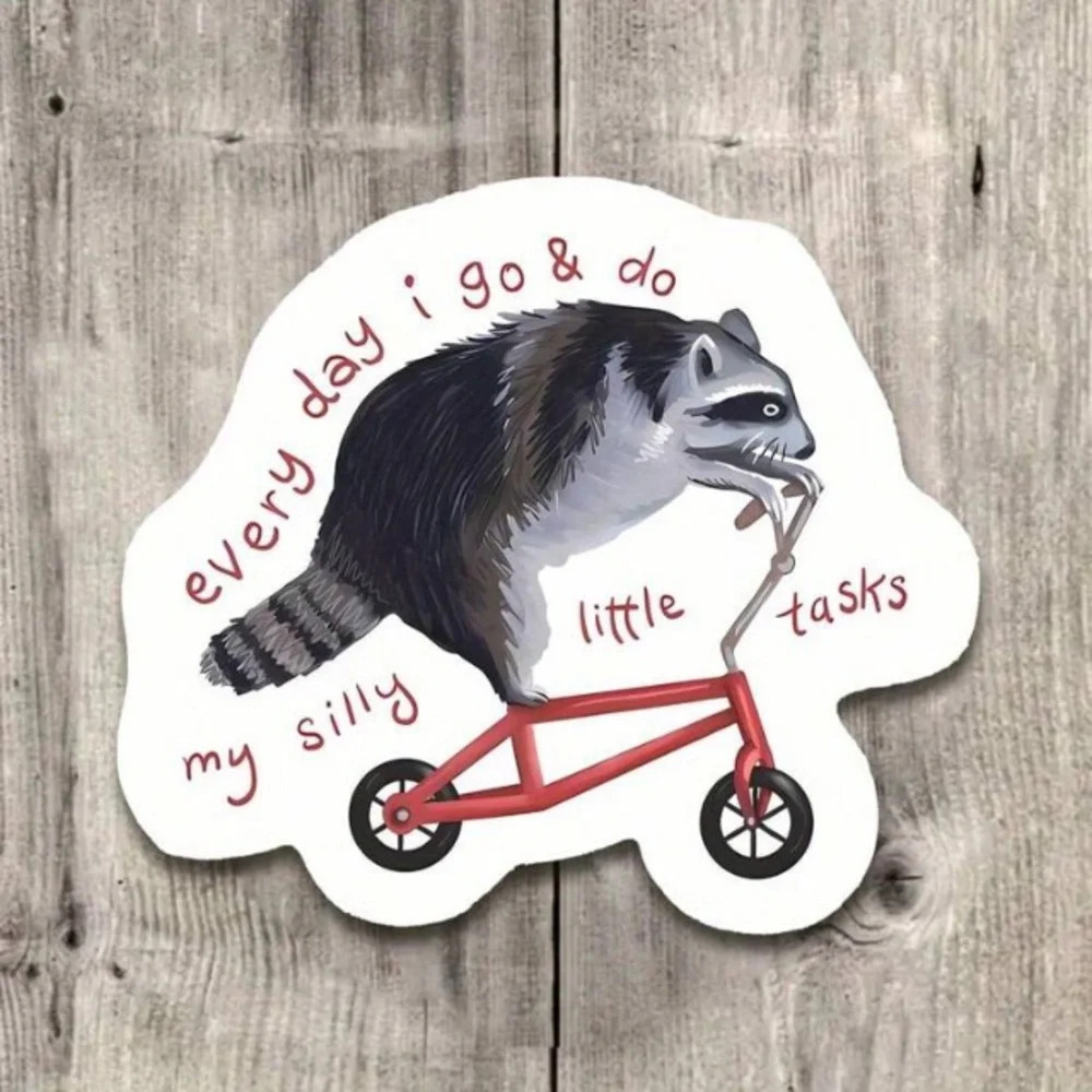 Gray red raccoon riding bike vinyl sticker decor laptop cup phone book tablet